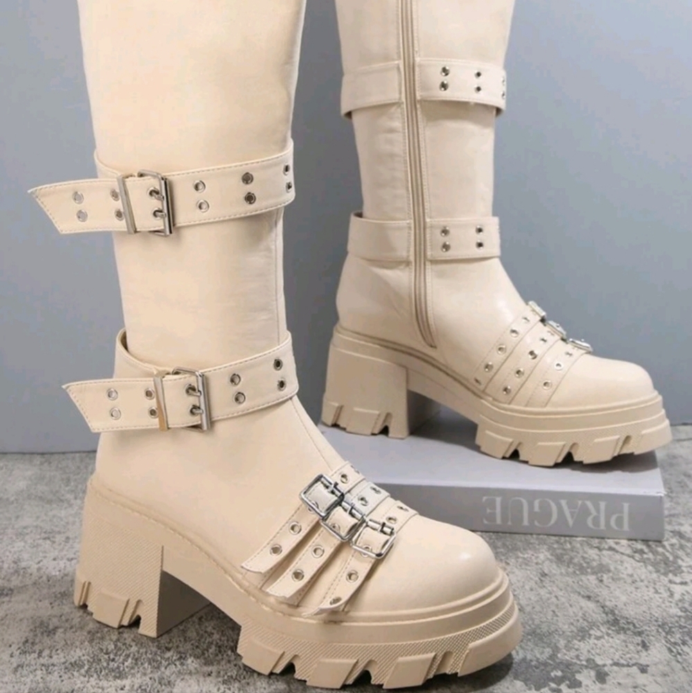 NEW WOMENS BUCKLE DETAIL MID-CALF BOOTS - Picture 3 of 8